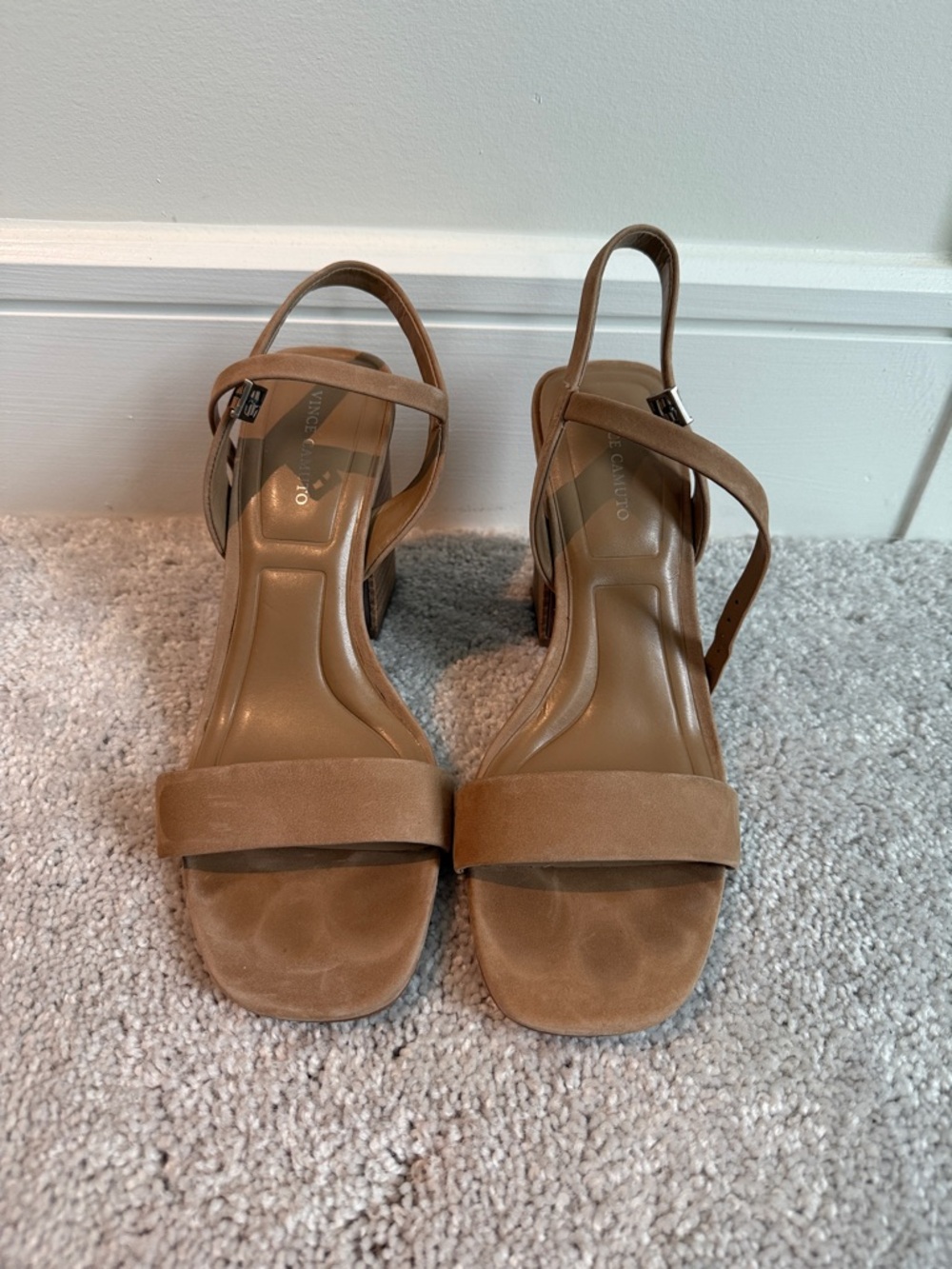 Vince Camuto Suede Tan Slingback Block Heel Sandals